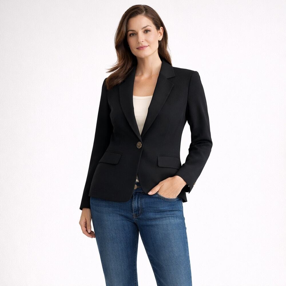 Kasper Black Blazer Jacket Size 4 Leopard Lining Cropped Career Chic